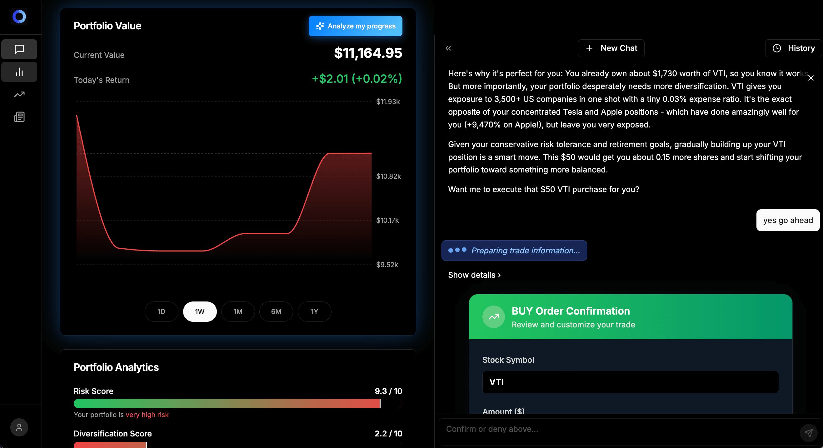 Clera AI Investment Advisor dashboard showing portfolio analytics, stock chart, risk score, and AI chat executing a trade