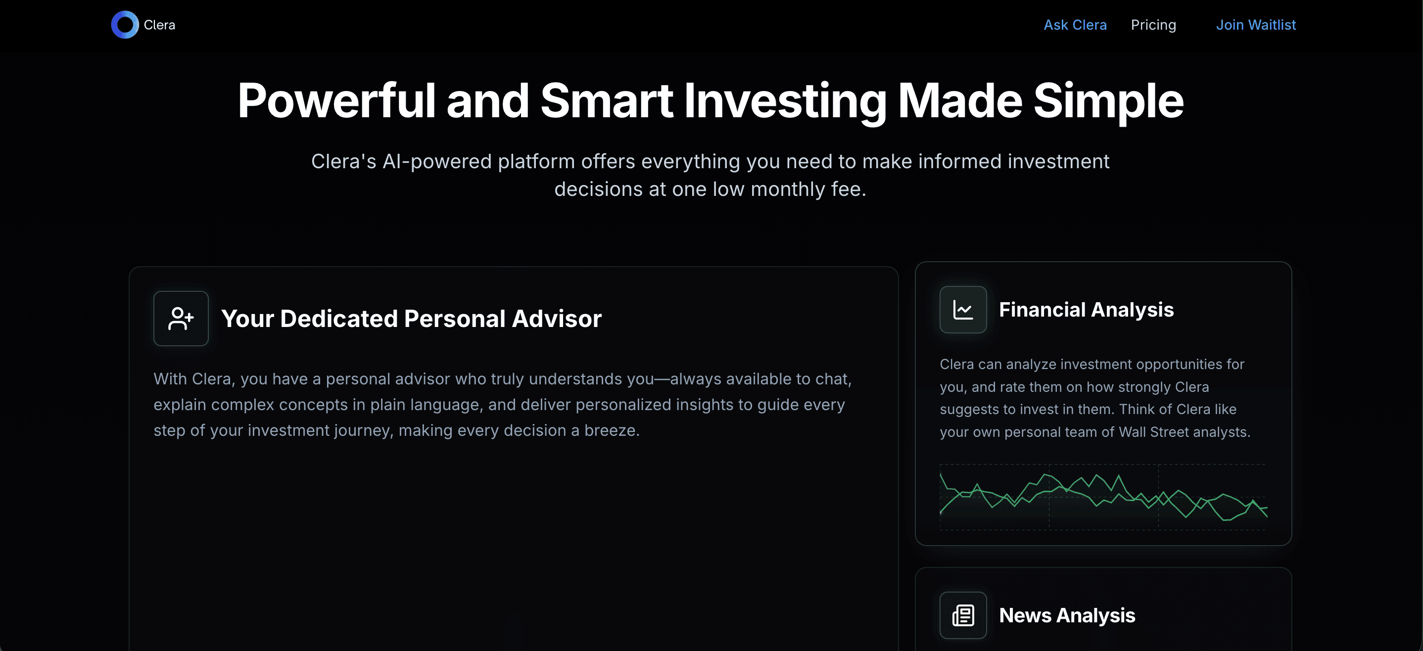 Clera marketing website homepage featuring the hero section and feature cards