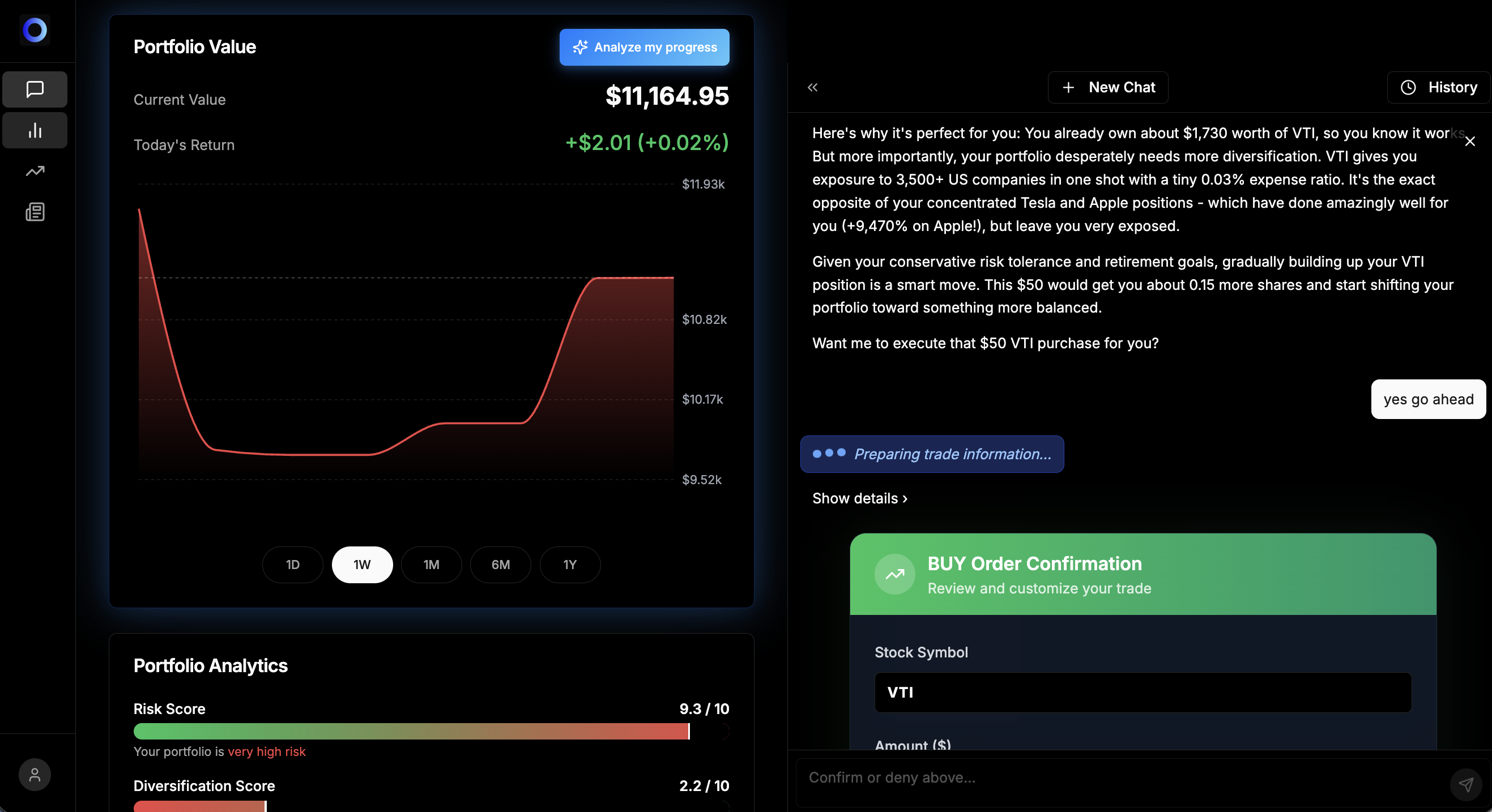 Clera AI Investment Advisor dashboard showing portfolio analytics, stock chart, risk score, and AI chat executing a trade