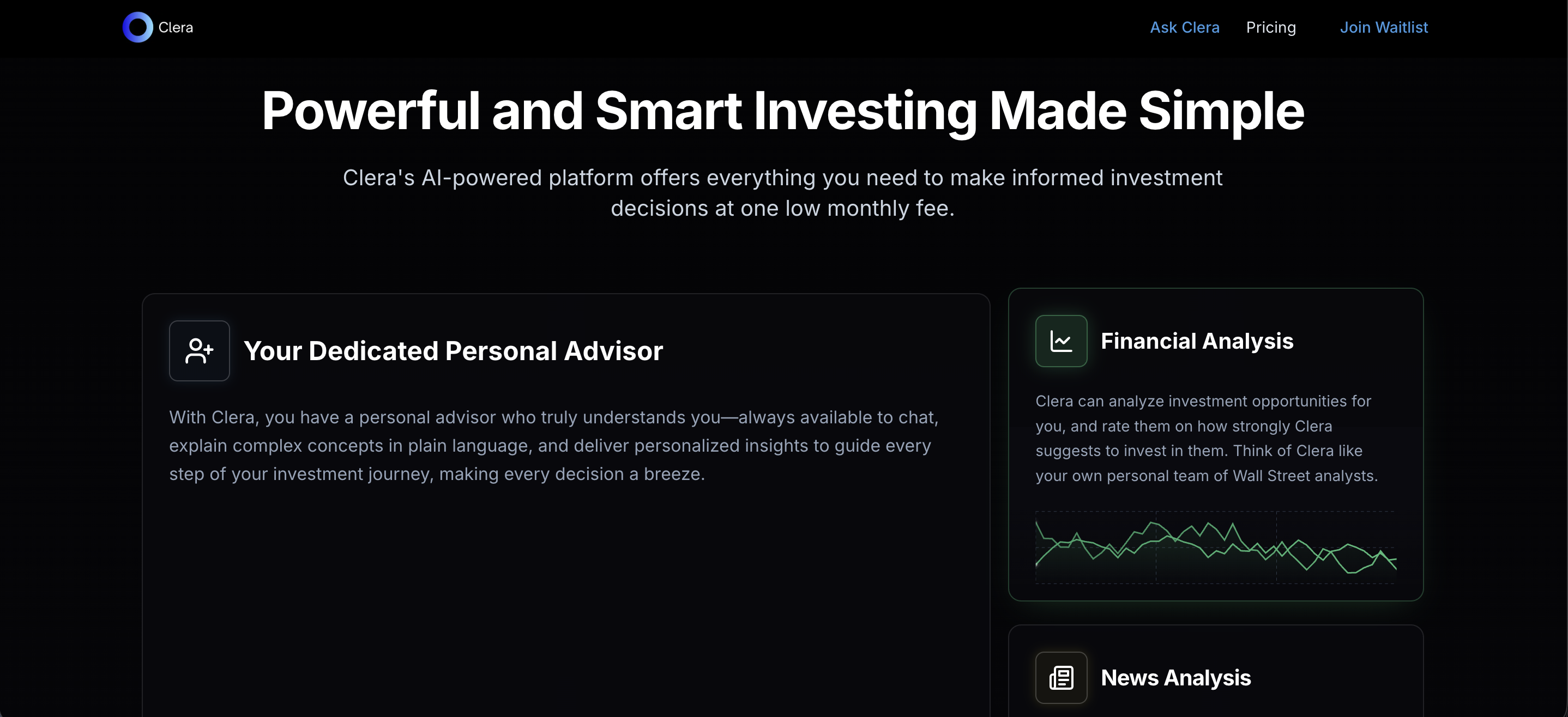 Clera marketing website homepage featuring the hero section and feature cards